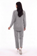 Bow‑Trim Striped Sweat Set — Grey