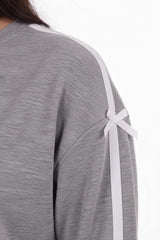 Bow‑Trim Striped Sweat Set — Grey