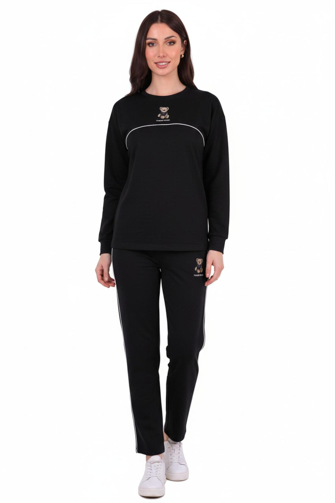 Women's Bear - Embroidered Piped Tracksuit — Black