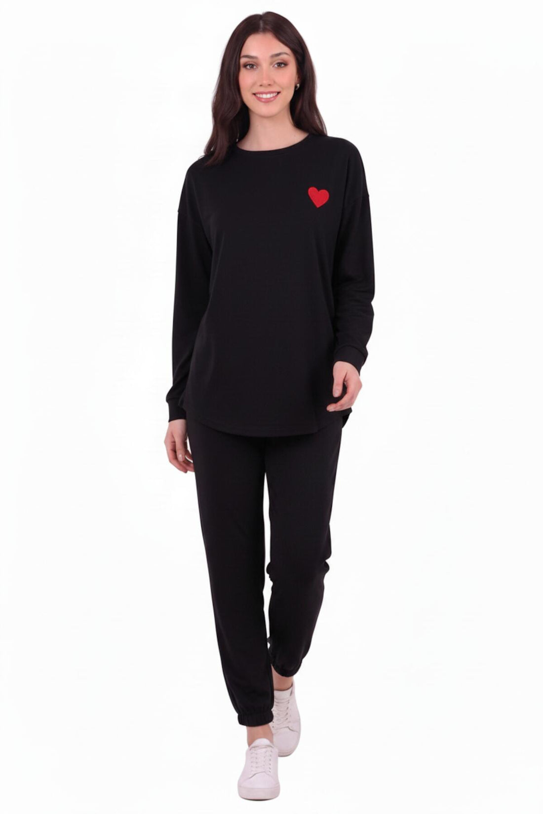 Long - Sleeve Set With Heart Embroidery — Black