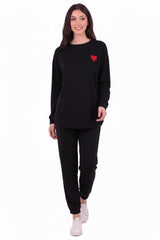 Long - Sleeve Set With Heart Embroidery — Black