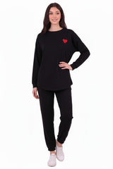 Long - Sleeve Set With Heart Embroidery — Black