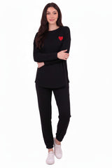 Long - Sleeve Set With Heart Embroidery — Black
