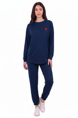 Long - Sleeve Set With Heart Embroidery — Navy
