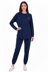 Long - Sleeve Set With Heart Embroidery — Navy