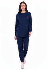 Long - Sleeve Set With Heart Embroidery — Navy