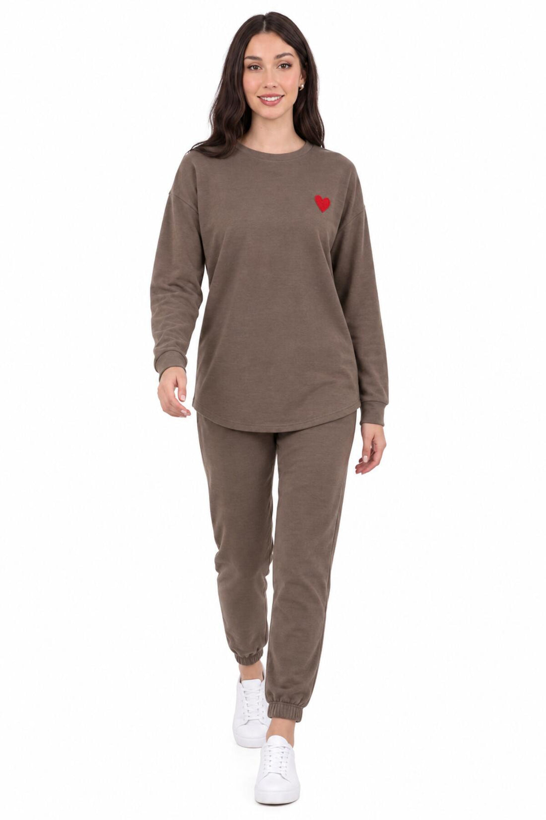 Herzbesticktes Langarm - Set — Braun