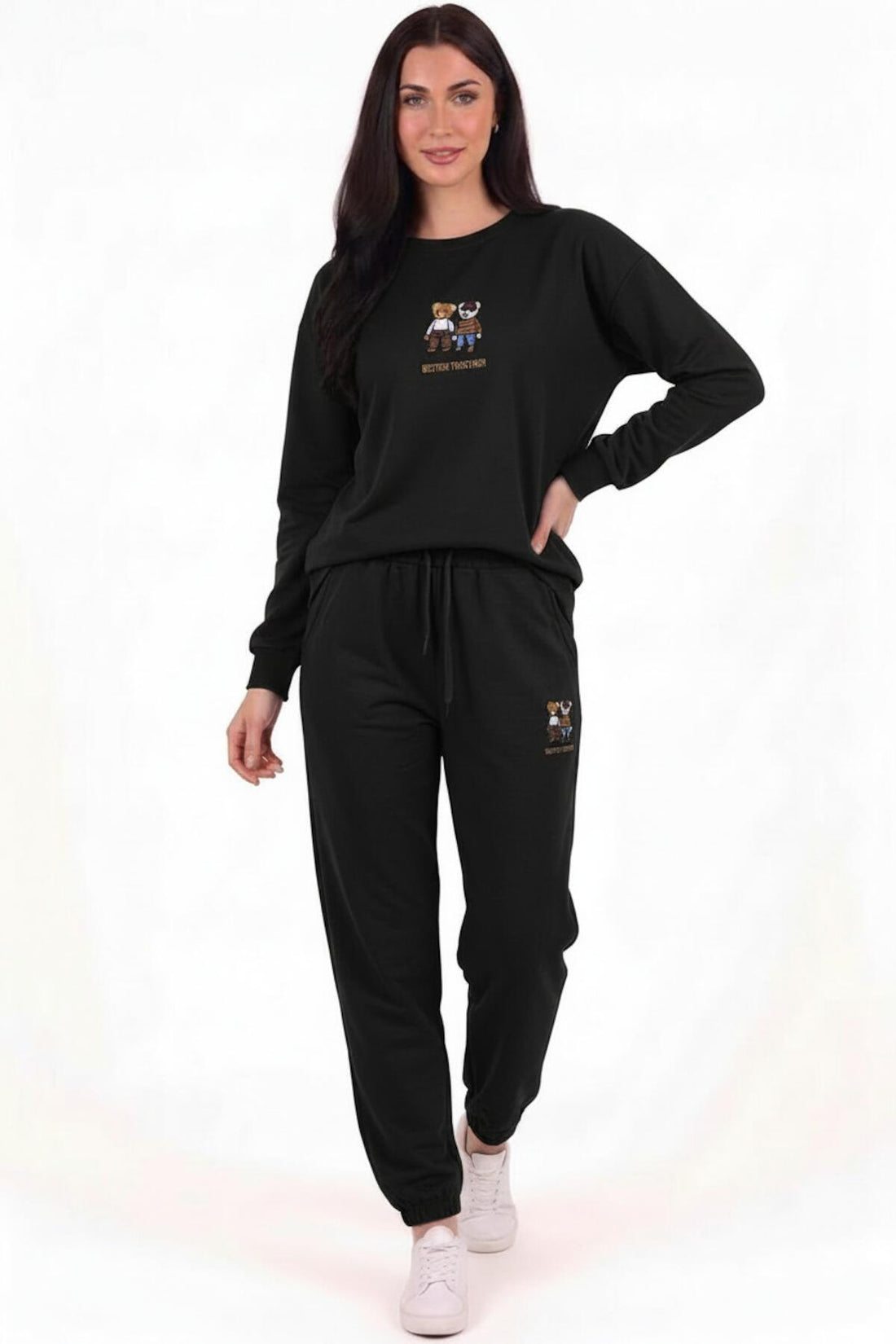 Damen - Trainingsanzug Mit Teddystickerei Und Elastischen Bündchen, Schwarz