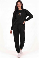 Damen - Trainingsanzug Mit Teddystickerei Und Elastischen Bündchen, Schwarz