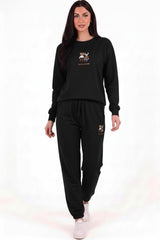 Damen - Trainingsanzug Mit Teddystickerei Und Elastischen Bündchen, Schwarz