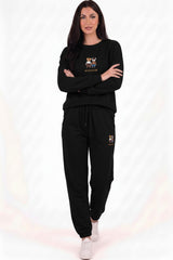 Damen - Trainingsanzug Mit Teddystickerei Und Elastischen Bündchen, Schwarz