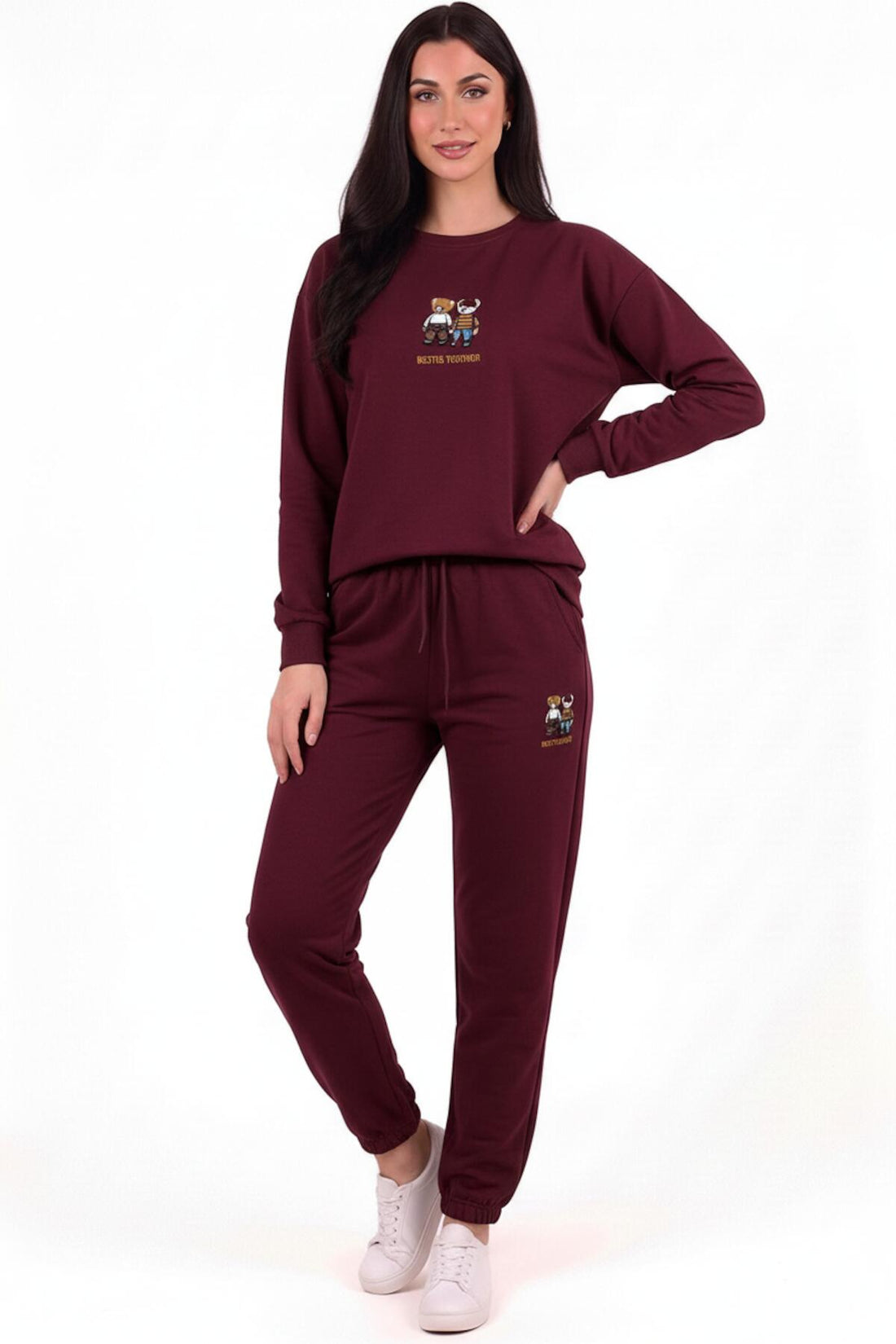 Ensemble Sweat Brodé Double Ourson, Bas Élastiqués — Bordeaux