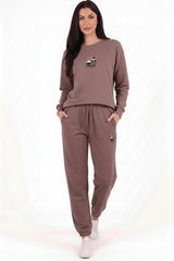 Damen - Trainingsanzug Mit Teddystickerei Und Elastischen Bündchen, Braun