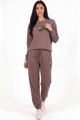 Damen - Trainingsanzug Mit Teddystickerei Und Elastischen Bündchen, Braun