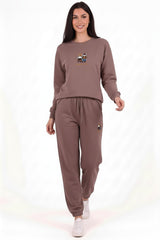Damen - Trainingsanzug Mit Teddystickerei Und Elastischen Bündchen, Braun