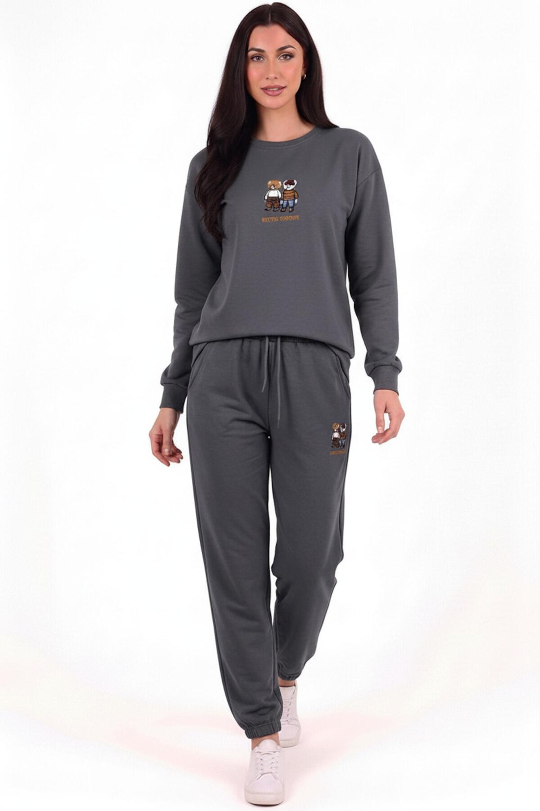 Double‑Bear Sweat Set With Elasticated Cuffs — Charcoal