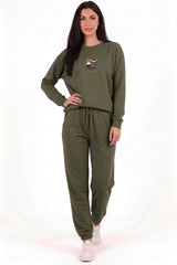 Khaki‑Set Mit Teddybär‑Stickerei Und Elastischen Bündchen