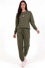 Khaki‑Set Mit Teddybär‑Stickerei Und Elastischen Bündchen