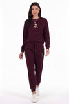 Bordeauxfarbenes Longsleeve‑Set Mit Bärenstickerei