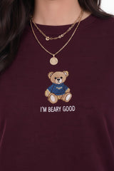 Burgundy Bear‑Embroidered Long‑Sleeve Set