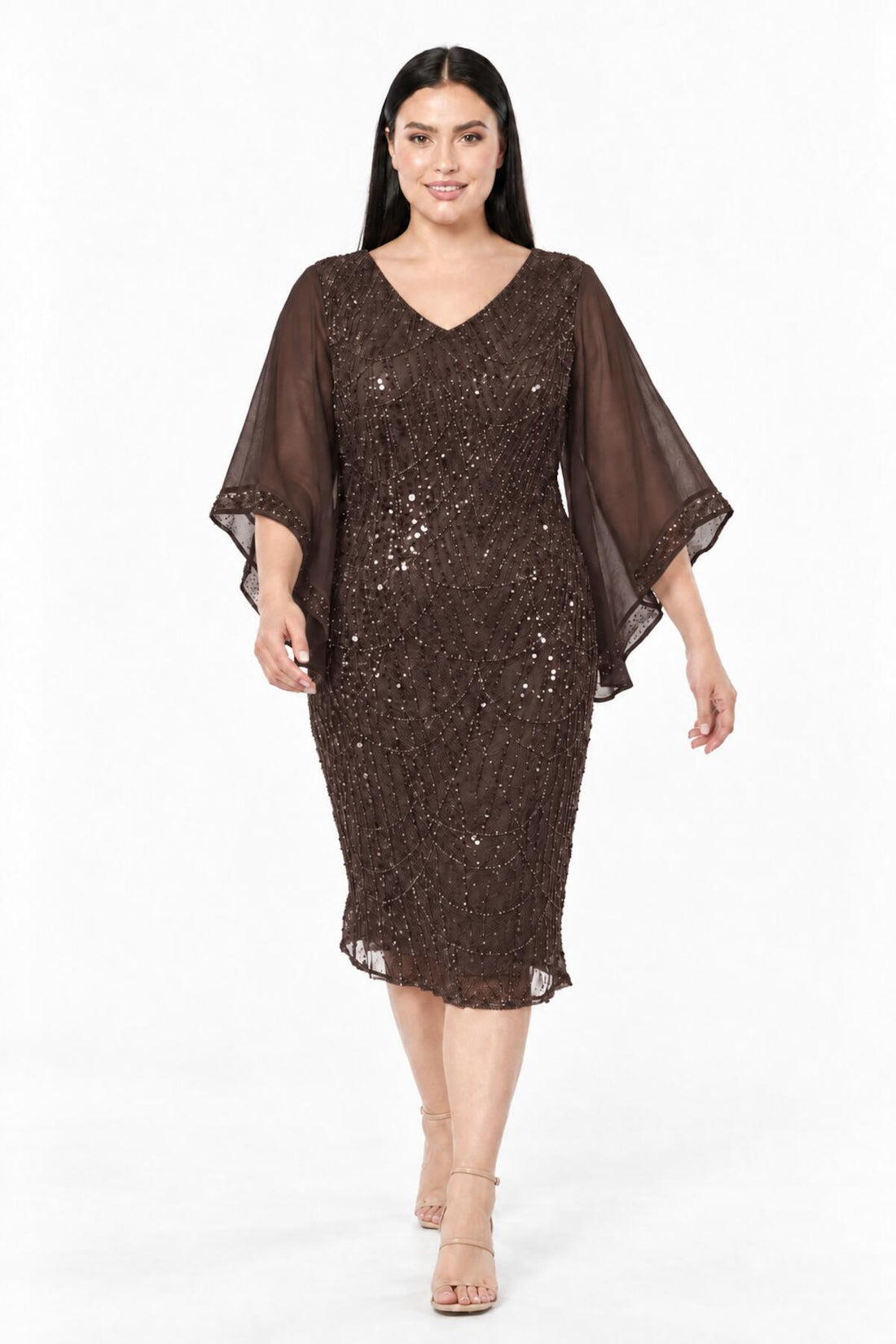 Robe De Soirée Midi Grande Taille Avec Détails En Chiffon — Marron