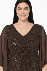 Robe De Soirée Midi Grande Taille Avec Détails En Chiffon — Marron
