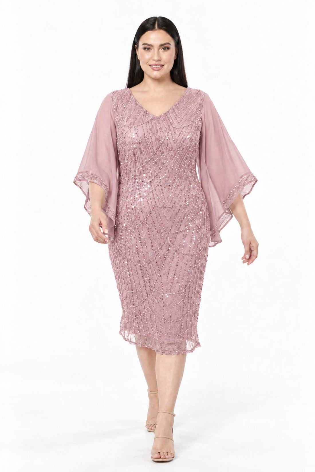 Robe Midi Grande Taille À Détails En Chiffon — Rose Poudré