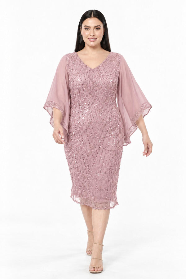 Plus - Size Chiffon - Detail Midi - Jurk — Poederroze