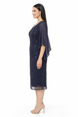 Midi‑Abendkleid Mit Chiffon‑Details — Marineblau (Große Größen)