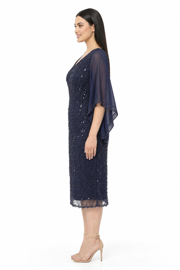 Robe Midi De Soirée Grande Taille, Détails En Chiffon — Bleu Marine