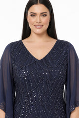 Midi‑Abendkleid Mit Chiffon‑Details — Marineblau (Große Größen)