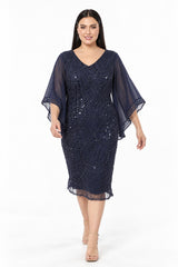 Midi‑Abendkleid Mit Chiffon‑Details — Marineblau (Große Größen)
