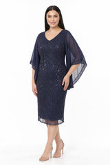 Midi‑Abendkleid Mit Chiffon‑Details — Marineblau (Große Größen)