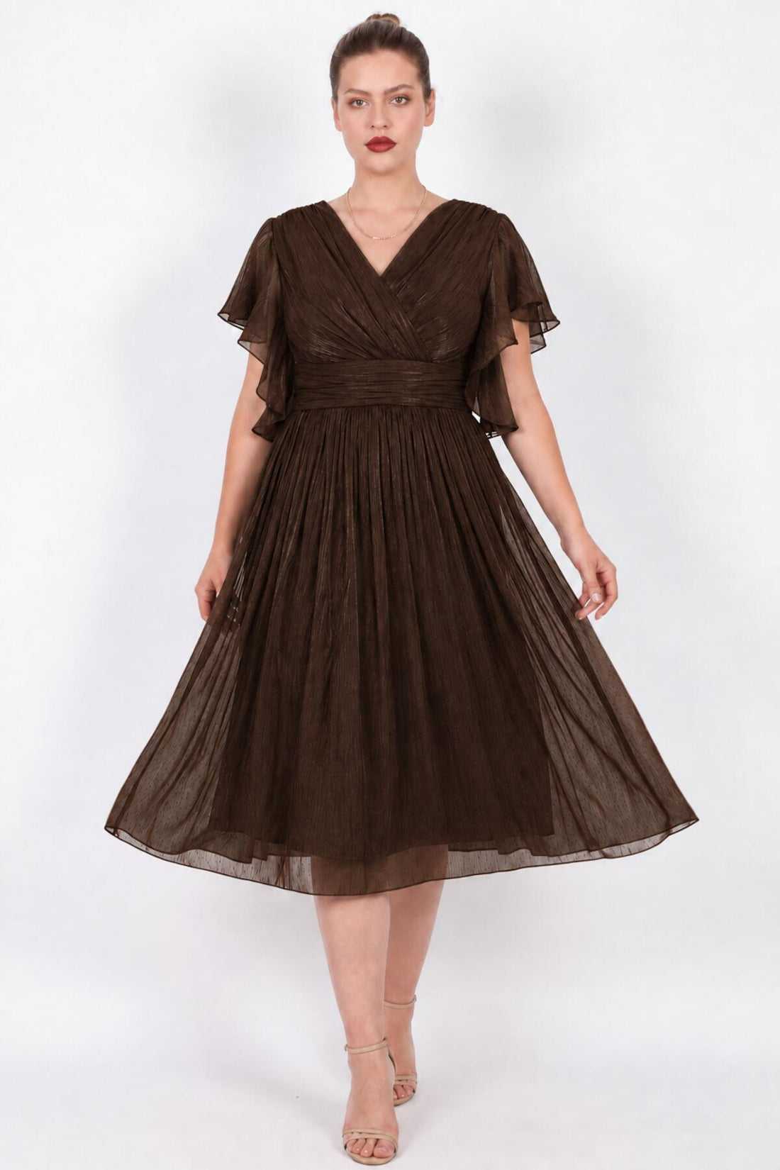 Midi - Kleid In Großen Größen Mit Ärmeldetail – Braun