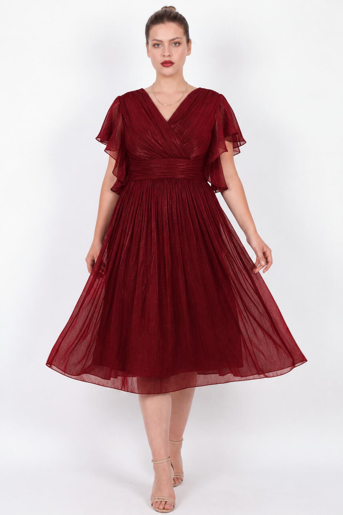 Midi - Abendkleid Mit Ärmeldetail – Burgunder (Große Größen)