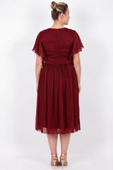 Midi - Abendkleid Mit Ärmeldetail – Burgunder (Große Größen)