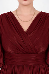 Midi - Abendkleid Mit Ärmeldetail – Burgunder (Große Größen)