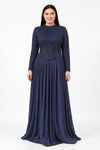 Abendkleid Große Größe, Marineblau Mit Pailletten & Perlen, Lange Ärmel