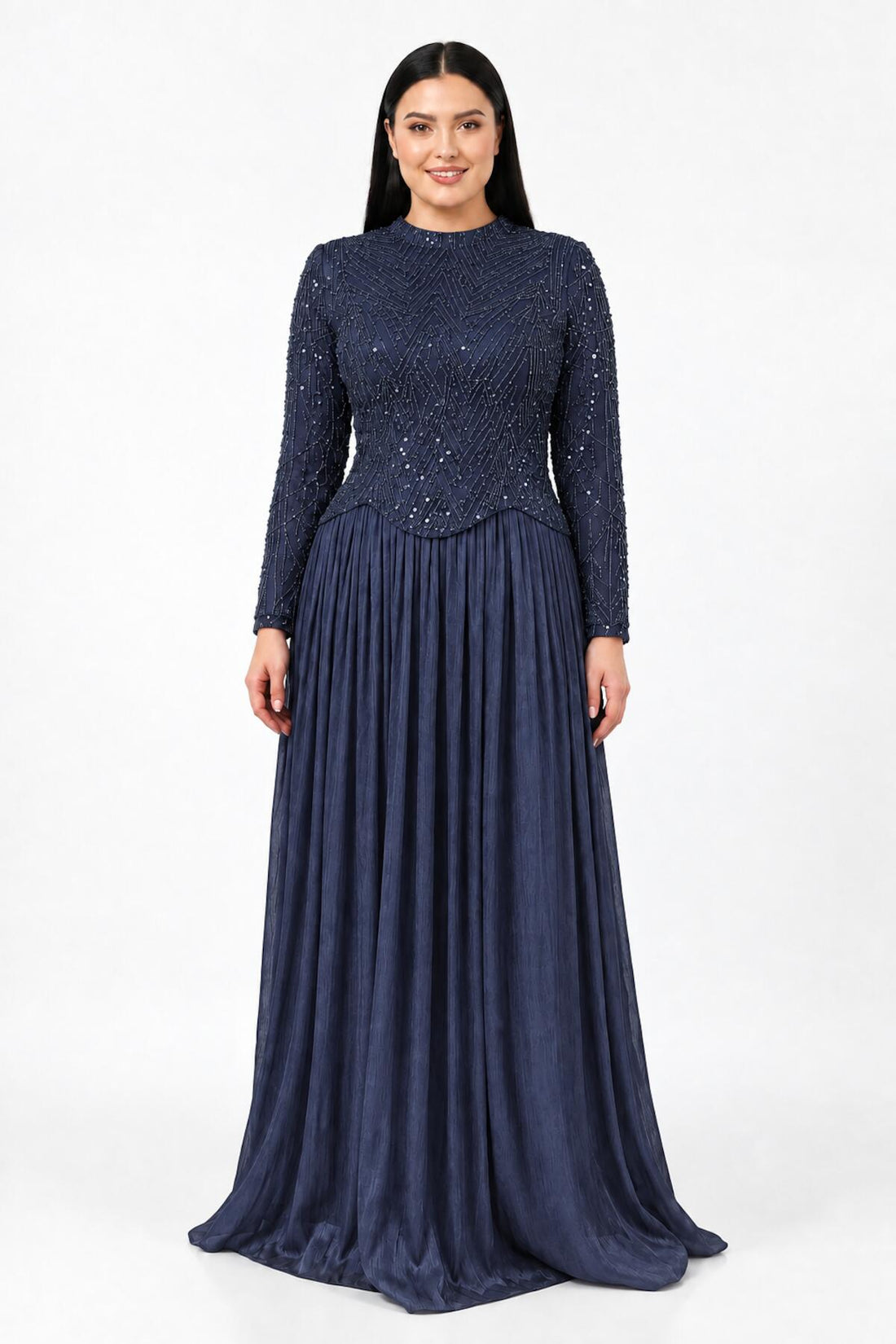 Navy Plus‑Size Long‑Sleeve Evening Dress With Sequins & Beads