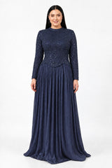 Navy Plus‑Size Long‑Sleeve Evening Dress With Sequins & Beads