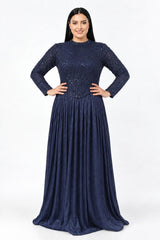 Navy Plus‑Size Long‑Sleeve Evening Dress With Sequins & Beads