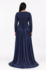 Navy Plus‑Size Long‑Sleeve Evening Dress With Sequins & Beads