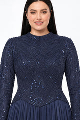 Navy Plus‑Size Long‑Sleeve Evening Dress With Sequins & Beads