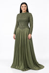 Plus‑Size Abendkleid Mit Pailletten - Und Perlenbesatz, Lange Ärmel — Khaki