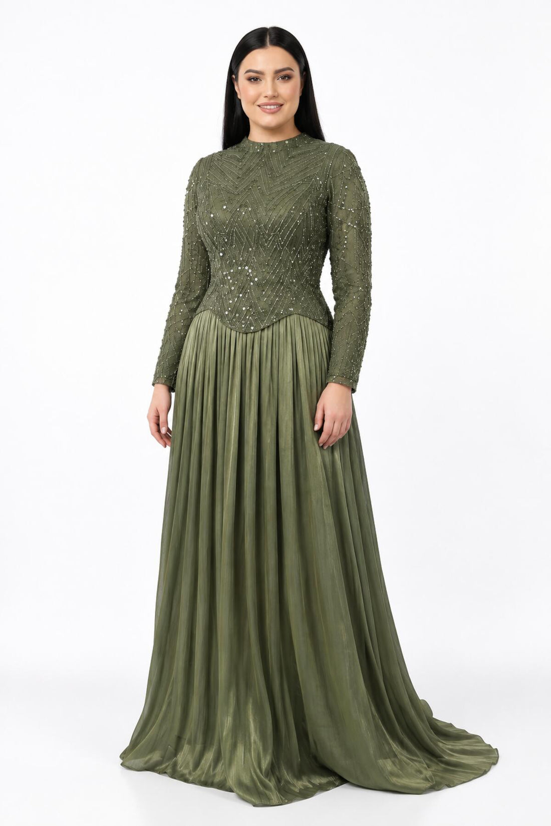 Plus‑Size Abendkleid Mit Pailletten - Und Perlenbesatz, Lange Ärmel — Khaki