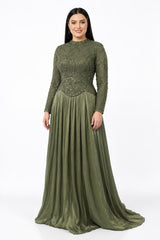 Plus‑Size Abendkleid Mit Pailletten - Und Perlenbesatz, Lange Ärmel — Khaki