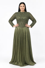 Plus‑Size Abendkleid Mit Pailletten - Und Perlenbesatz, Lange Ärmel — Khaki