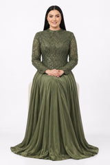 Plus‑Size Abendkleid Mit Pailletten - Und Perlenbesatz, Lange Ärmel — Khaki