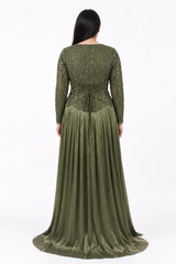 Plus‑Size Abendkleid Mit Pailletten - Und Perlenbesatz, Lange Ärmel — Khaki