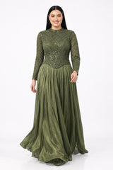 Plus‑Size Abendkleid Mit Pailletten - Und Perlenbesatz, Lange Ärmel — Khaki